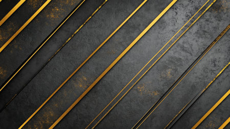 A sophisticated backdrop features bold diagonal gold stripes against a sleek black surface, perfect for a luxurious design or branding project. The contrast enhances visual appeal and elegance.の素材