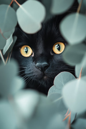 A sleek black cat peers from within lush green eucalyptus leaves, showing its bright yellow eyes. The moment captures a blend of mystery and natural beauty in a serene setting.の素材