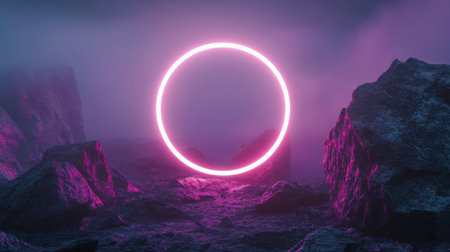 A vibrant pink circle stands out against a rugged landscape, surrounded by dark rocks and swirling mist. The twilight atmosphere creates a mystical and otherworldly setting.の素材