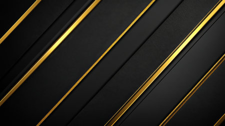 A sophisticated backdrop features bold diagonal gold stripes against a sleek black surface, perfect for a luxurious design or branding project. The contrast enhances visual appeal and elegance.の素材