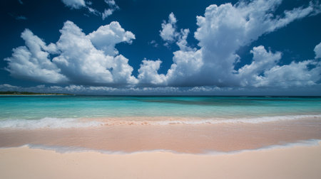 Peaceful beach with soft sand meets calm water, reflecting bright fluffy clouds and a vibrant blue sky. It captures a serene coastal atmosphere perfect for relaxation.の素材