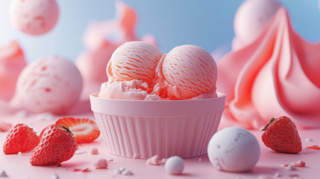 A delightful sundae with creamy scoops of ice cream topped with sprinkles sits in a bowl beside fresh strawberries. The background features an arrangement of colorful spheres, adding a playful touch.の素材