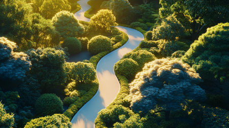 A beautiful winding pathway means through vibrant greenery, illuminated by warm sunlight in a peaceful garden setting. The lush foliage frames the path, creating a tranquil atmosphere.の素材
