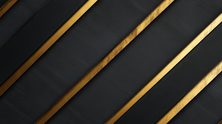 A sophisticated backdrop features bold diagonal gold stripes against a sleek black surface, perfect for a luxurious design or branding project. The contrast enhances visual appeal and elegance.の素材