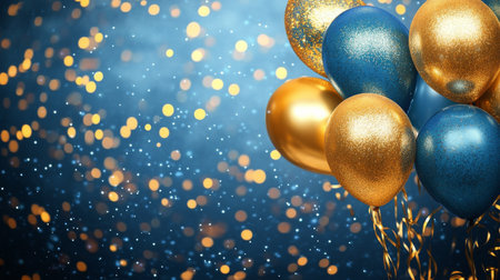 A collection of blue and gold balloons hang against a sparkly background, enhancing the celebratory mood during a festive event or party.の素材