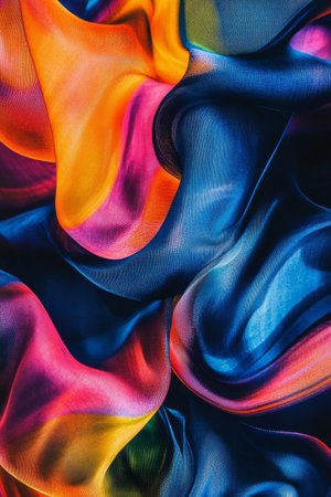 Bright, fluid layers of silk fabric intertwine in vibrant colors such as orange, pink, blue, and purple, creating an eye-catching abstract design that conveys movement and energy.の素材