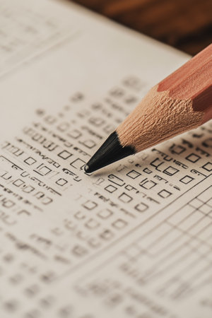 A sharpened pencil rests on a printed form, with checkboxes being marked. The close-up reveals the details of the paper and pencil, highlighting the act of filling out information.の素材