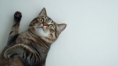 A playful tabby cat with wide striking eyes looks up curiously while resting against a light-colored wall. The cats expression captures attention and invites interaction in an indoor setting.の素材