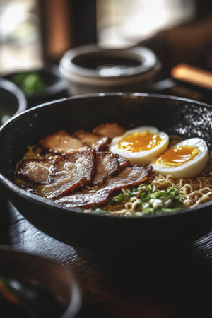 A warm bowl of ramen sits on a wooden table, filled with noodles, flavorful pork slices, and soft-boiled eggs, garnished with green onions, creating a hearty and inviting meal experience.の素材