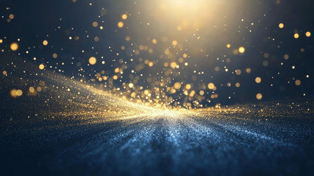 Soft golden light beams filter through a cloudy mist in a dimly lit area, creating an enchanting and ethereal ambiance filled with shimmering particles in the air.の素材