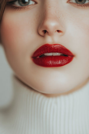 A striking close-up features a womans lips adorned with vibrant red lipstick, highlighting their shape and smooth texture in a clean, minimalistic setting.の素材