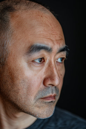 A thoughtful man gazes off to the side, his serious expression highlighted by soft lighting. The close framing emphasizes his facial features and serene demeanor, creating an intimate atmosphere.の素材