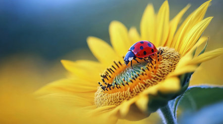 In a bright garden, a ladybug is resting on the center of a large sunflower. The warm sunlight highlights the vivid yellow petals and the intricate patterns of the flower's seeds.の素材