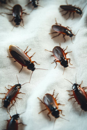 A diverse group of cockroaches scuttles across a white fabric background, showing their distinct features and textures in good lighting conditions.の素材