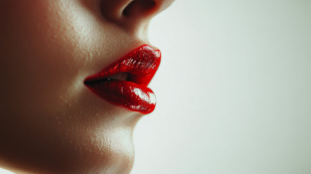 A woman displays her perfectly shaped lips adorned with vibrant red lipstick, showing a striking contrast against a soft, neutral backdrop that enhances the overall allure.の素材