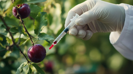 A researcher in a white lab coat uses a syringe to inject a nutrient solution directly into a plum hanging from its tree branch. The bright surroundings suggest a sunny day in an orchard.の素材