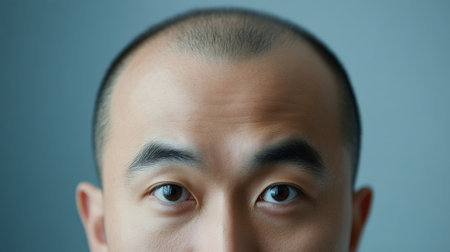 A man with a shaved head stands outdoors, his serious expression revealing deep contemplation under gentle sunlight filtering through trees, creating a serene atmosphere around him.の素材