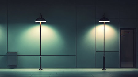 Two stylish wall lamps are mounted on a pale wall, casting warm light and creating soft shadows in a bright, minimalist room during the day.の素材