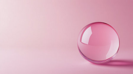 A translucent glass sphere with a light pink hue rests on a smooth pink surface. Soft light highlights the curves of the sphere, creating a serene and calming atmosphere.の素材