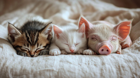 Three kittens with distinct fur patterns sleep peacefully alongside a small piglet, all nestled on a soft blanket. The serene scene showcases their adorable expressions and cozy companionship.の素材