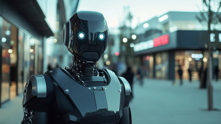 A sleek, humanoid robot with illuminated blue eyes is positioned in the middle of a bustling shopping mall. Shoppers move about, showcasing modern commerce and technology integration.の素材