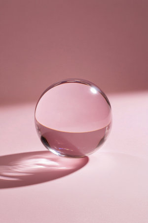 A glass orb rests gently on a soft pink surface, reflecting light and casting a delicate shadow, creating a serene atmosphere perfect for minimalist decor or art.の素材