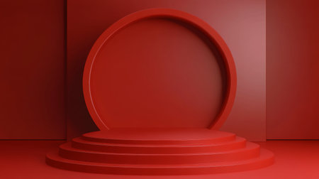 A striking circular display platform with layered steps is situated against a solid red background, ideal for presenting items or artistic installations in a bold, minimalist setting.の素材