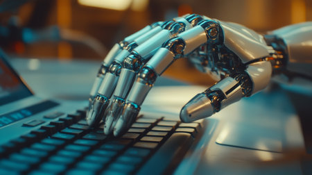 A robotic hand is seen actively typing on a computer keyboard in a futuristic workspace. The atmospheric lighting enhances the advanced technology surrounding it.の素材