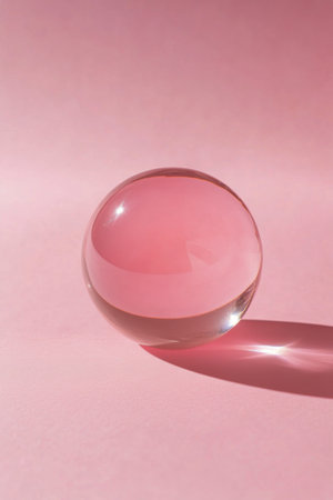 A glass orb rests gently on a soft pink surface, reflecting light and casting a delicate shadow, creating a serene atmosphere perfect for minimalist decor or art.の素材