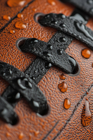 Raindrops cling to the surface of a leather football, emphasizing its texture and stitching. The wet atmosphere highlights the craftsmanship and character of the ball.の素材