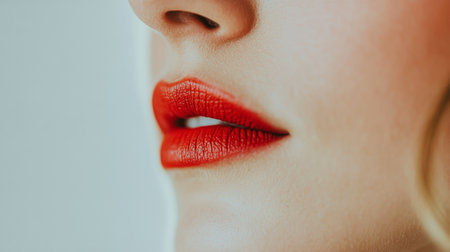 A woman displays her perfectly shaped lips adorned with vibrant red lipstick, showing a striking contrast against a soft, neutral backdrop that enhances the overall allure.の素材