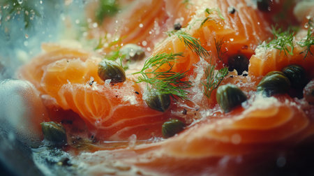 Slices of fresh salmon are adorned with capers and herbs, while water droplets create a vibrant, refreshing appearance, showcasing culinary preparation in a dynamic kitchen atmosphere.の素材
