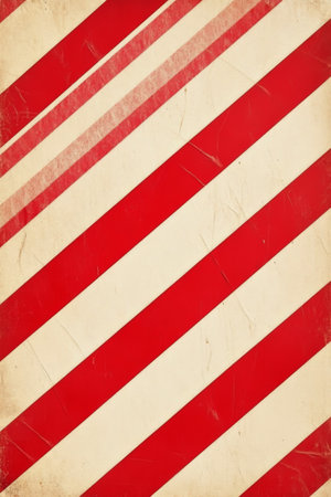 The surface displays bold red and white diagonal stripes, creating a striking pattern. The texture shows signs of age and wear, adding character to the vibrant colors.の素材