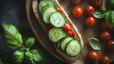A rustic wooden board holds a slice of bread topped with fresh cucumbers, vibrant cherry tomatoes, and green basil leaves, illuminated by warm sunlight, creating a refreshing culinary display.の素材