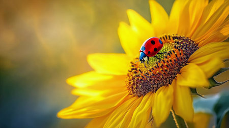 In a bright garden, a ladybug is resting on the center of a large sunflower. The warm sunlight highlights the vivid yellow petals and the intricate patterns of the flower's seeds.の素材