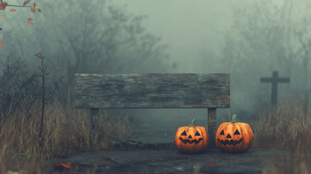 Two carved pumpkins with spooky faces sit beside a weathered wooden sign on a foggy autumn evening in a graveyard. The atmosphere is mysterious, with trees shrouded in mist all around.の素材