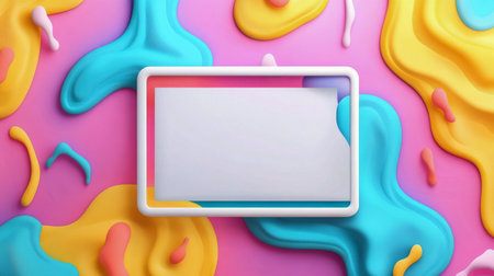 A vibrant abstract background features layered colors creating a dynamic and eye-catching design, with a blank rectangular area in the center ideal for adding text or graphics.の素材