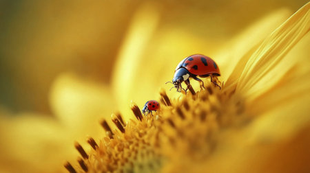 In a bright garden, a ladybug is resting on the center of a large sunflower. The warm sunlight highlights the vivid yellow petals and the intricate patterns of the flower's seeds.の素材