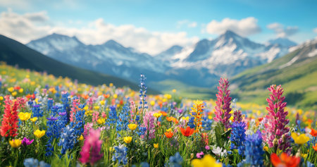 A vibrant wildflower meadow bursts with colors, showcasing an array of blossoms against a backdrop of majestic mountains. The clear blue sky enhances the picturesque landscape during a sunny day.の素材