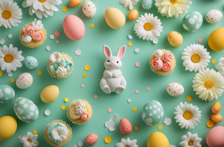 A whimsical display of pastel-colored Easter eggs and a cute bunny surrounded by floral accents, perfect for celebrating Easter. Various textures and patterns add visual interest.の素材
