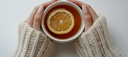 A pair of hands in a knitted sweater cradles a cup of steaming tea, adorned with a bright slice of lemon, evoking comfort on a chilly day.の素材