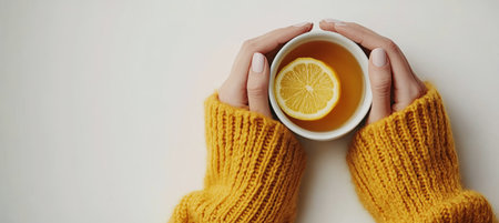 A pair of hands in a knitted sweater cradles a cup of steaming tea, adorned with a bright slice of lemon, evoking comfort on a chilly day.の素材
