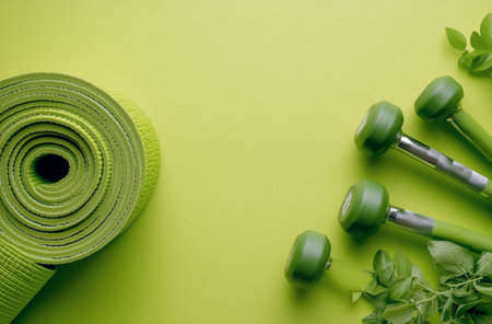 Two black dumbbells rest on bright green yoga mats, arranged neatly to create a lively atmosphere for a home workout. The setting is perfect for exercise and relaxation.の素材