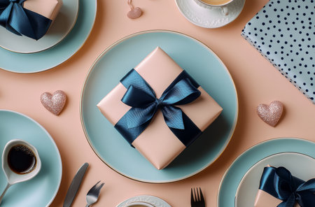 A beautifully wrapped gift in soft pink, adorned with a navy ribbon, rests on a plate surrounded by polka dot cups and fresh coffee. The setting exudes a warm, inviting atmosphere.の素材