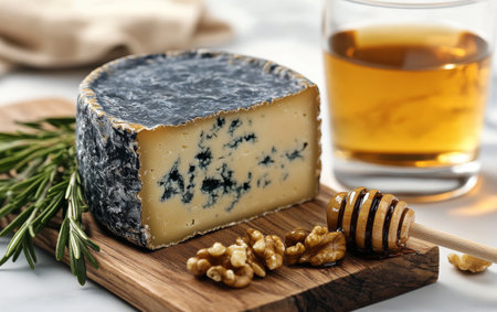 A rich blue cheese sits next to a glass of whiskey, accompanied by walnuts, on a rustic wooden table. This cozy arrangement invites relaxation and indulgence.の素材