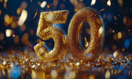 The centerpiece of a birthday celebration highlights a beautiful blue cake adorned with golden numbers and sparkles. This festive treat is perfect for marking a special milestone.の素材