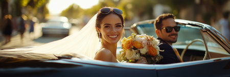 A happy bride in a strapless dress smiles warmly as she holds a beautiful bouquet, sitting next to her groom in a classy convertible during a sunny day celebrating their recent wedding.の素材
