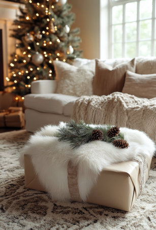 A beautifully wrapped gift in white fabric sits on a soft rug, adorned with pinecones and greenery, besides a glowing Christmas tree surrounded by additional packages.の素材