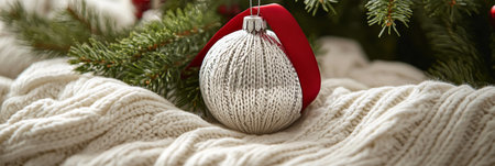 A cozy knit blanket lays softly on a surface, complemented by a silver ornament. The ornament hangs gracefully among evergreen branches, capturing a festive spirit.の素材