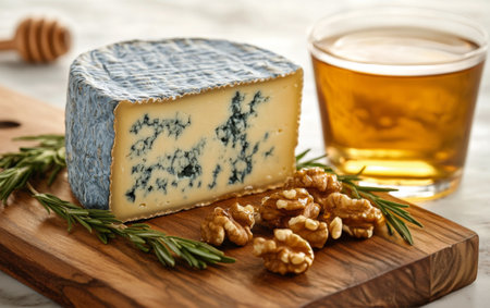 A rich blue cheese sits next to a glass of whiskey, accompanied by walnuts, on a rustic wooden table. This cozy arrangement invites relaxation and indulgence.の素材